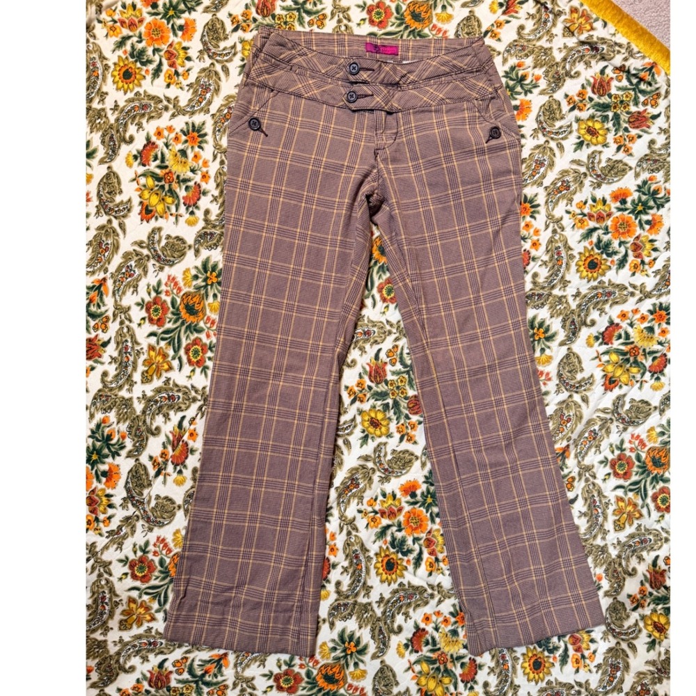 Vintage 90s Y2K Brown Plaid Flare Leg Trousers‎ Size 9 Double Button Waist